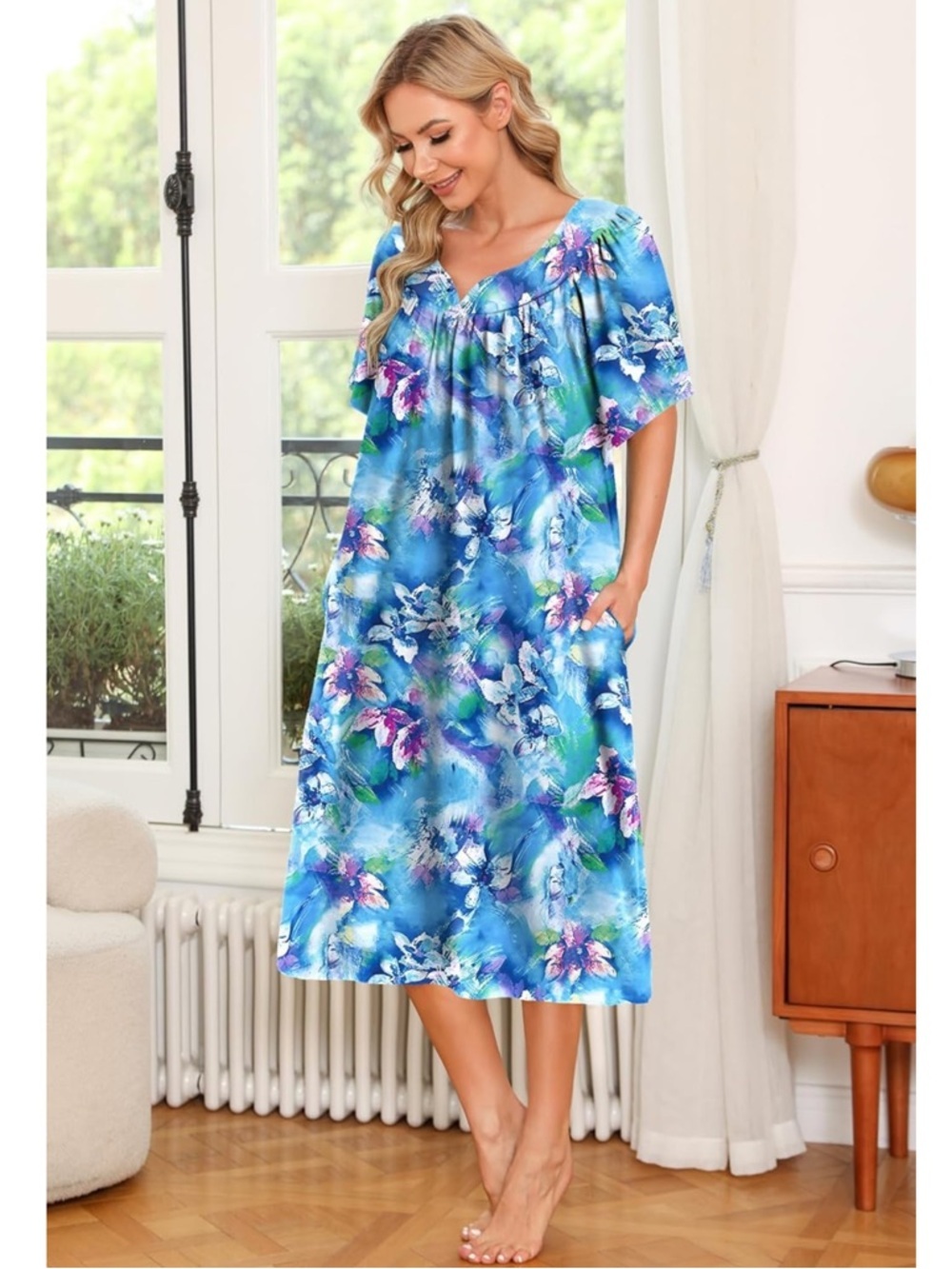 Ekouaer Floral Midi MooMoo House Dress with V-Neck 2XL